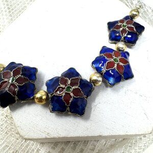 Vintage Blue & Red Floral Cloisonné Beads Cobalt n Red 15mm